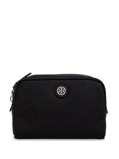 Tory Burch Virginia Logo Plaque Toiletry Bag In Black