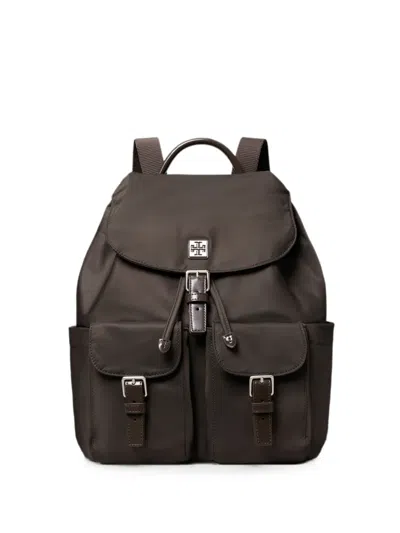 Tory Burch Virginia Buckle-detail Logo-plaque Backpack In Brown
