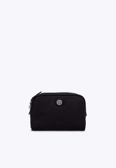 Tory Burch Virginia Curved Logo Toiletry Bag In Black