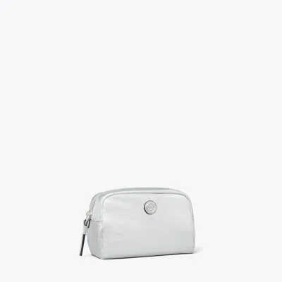 Tory Burch Virginia Metallic Curved Cosmetic Case In Silver
