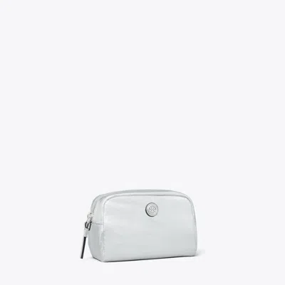 Tory Burch Virginia Metallic Curved Cosmetic Case In Silver