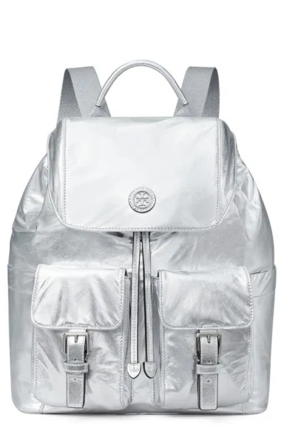 Tory Burch Virginia Metallic Nylon Backpack In Silver