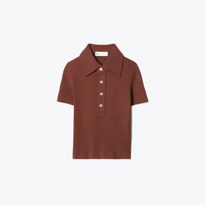 Tory Burch Viscose Ribbed Polo Sweater In Brown