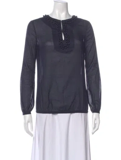 Pre-owned Tory Burch V-neck Long Sleeve Blouse In Blue