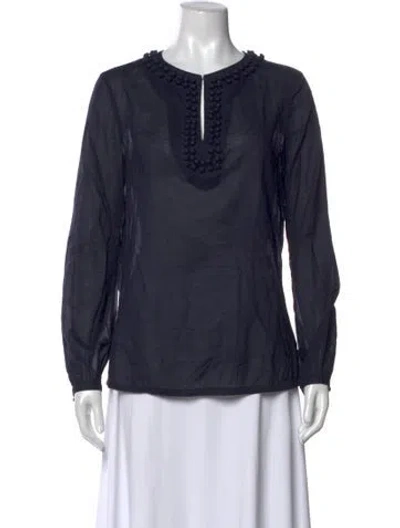 Pre-owned Tory Burch V-neck Long Sleeve Blouse In Blue