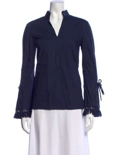Pre-owned Tory Burch V-neck Long Sleeve Blouse In Blue