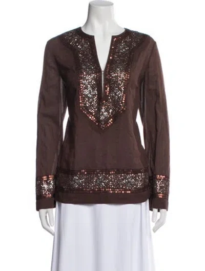 Pre-owned Tory Burch V-neck Long Sleeve Blouse In Brown