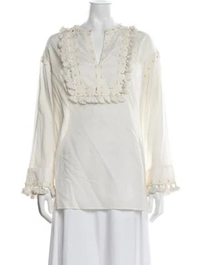 Pre-owned Tory Burch V-neck Long Sleeve Blouse In Neutrals
