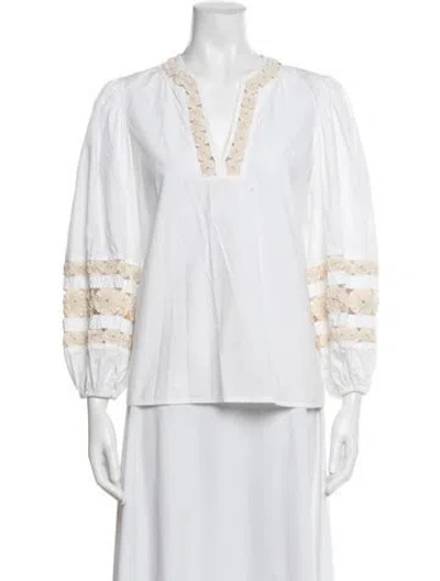 Pre-owned Tory Burch V-neck Long Sleeve Blouse In White