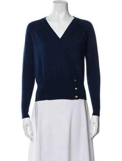 Pre-owned Tory Burch V-neck Long Sleeve Button-up Top In Blue