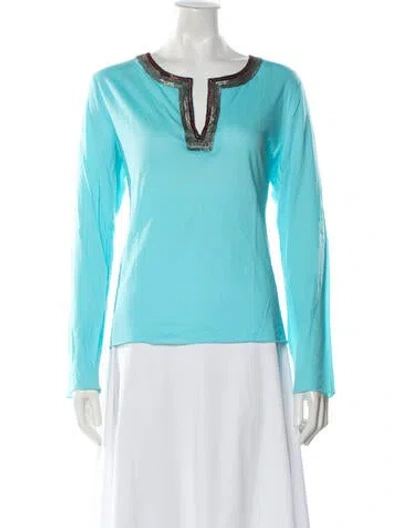 Pre-owned Tory Burch V-neck Long Sleeve Top In Blue