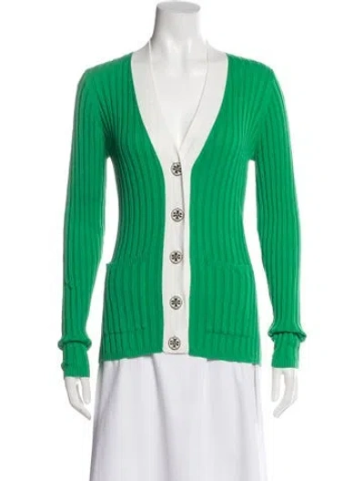 Pre-owned Tory Burch V-neck Long Sleeve Top In Green
