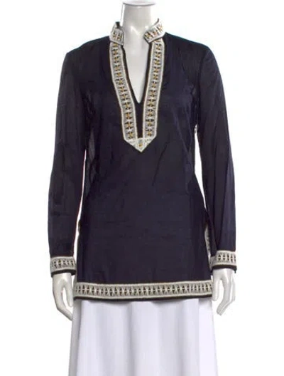 Pre-owned Tory Burch V-neck Long Sleeve Tunic In Blue