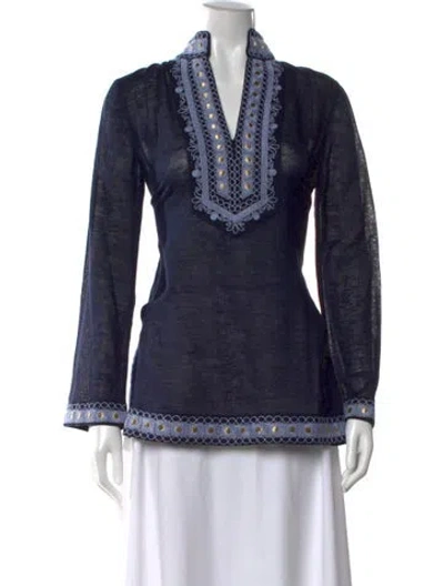 Pre-owned Tory Burch V-neck Long Sleeve Tunic In Blue