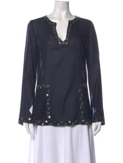 Pre-owned Tory Burch V-neck Long Sleeve Tunic In Blue