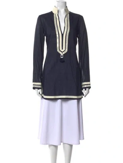 Pre-owned Tory Burch V-neck Long Sleeve Tunic In Blue