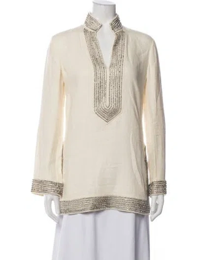 Pre-owned Tory Burch V-neck Long Sleeve Tunic In Neutrals