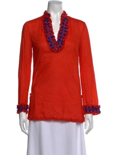 Pre-owned Tory Burch V-neck Long Sleeve Tunic In Red