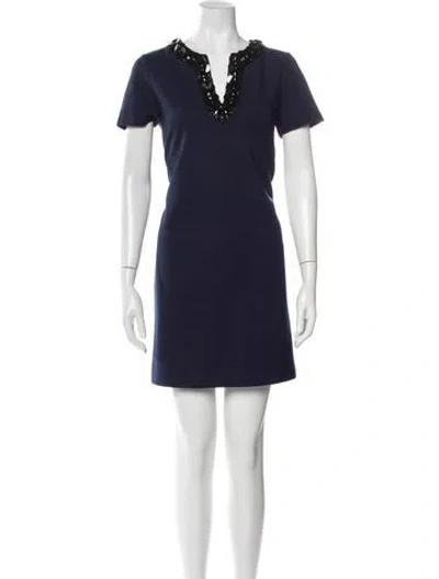 Pre-owned Tory Burch V-neck Mini Dress In Blue
