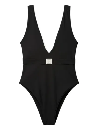 Tory Burch V-neck One-piece Swimsuit With Belted Waist In Black