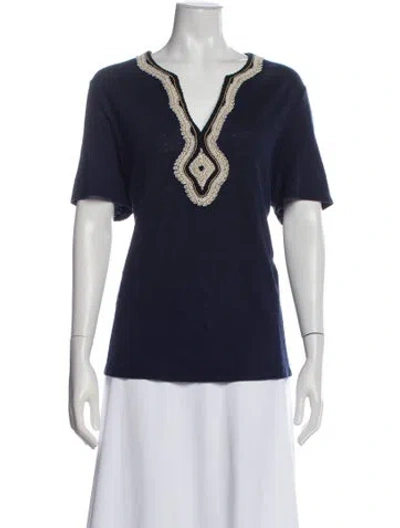 Pre-owned Tory Burch V-neck Short Sleeve T-shirt In Blue
