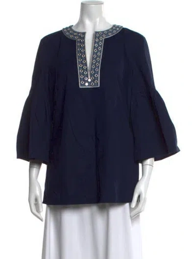 Pre-owned Tory Burch V-neck Three-quarter Sleeve Blouse In Blue