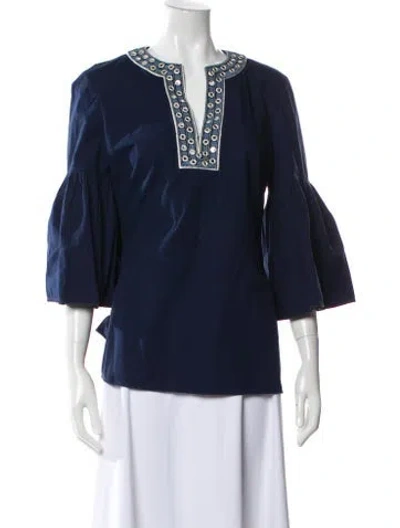 Pre-owned Tory Burch V-neck Three-quarter Sleeve Blouse In Blue