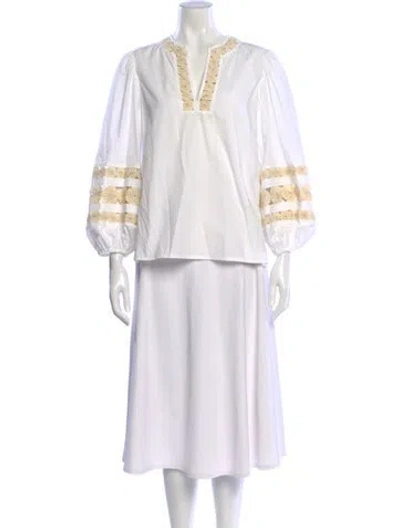 Pre-owned Tory Burch V-neck Three-quarter Sleeve Blouse W/ Tags In White