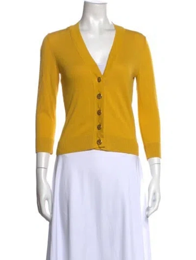 Pre-owned Tory Burch V-neck Three-quarter Sleeve Button-up Top In Yellow