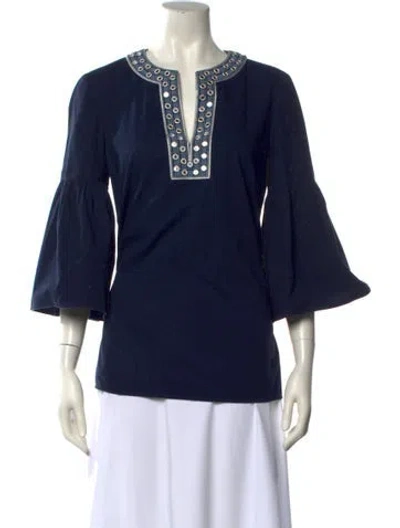 Pre-owned Tory Burch V-neck Three-quarter Sleeve Tunic In Blue