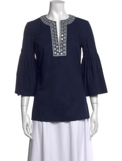 Pre-owned Tory Burch V-neck Three-quarter Sleeve Tunic In Blue