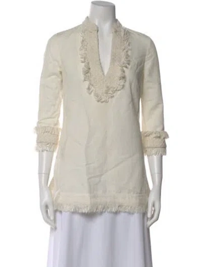 Pre-owned Tory Burch V-neck Three-quarter Sleeve Tunic In White