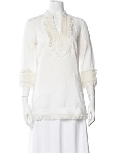 Pre-owned Tory Burch V-neck Three-quarter Sleeve Tunic In White