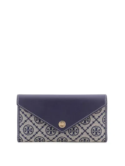 Tory Burch Leather And T Monogram Fabric Wallet In Blue