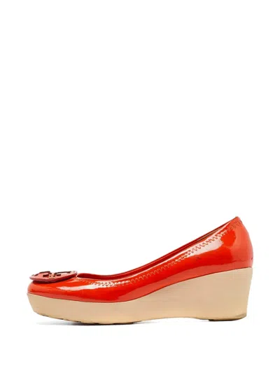 Pre-owned Tory Burch Wedge Platform Pumps In Orange