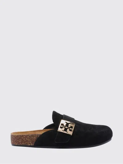 Tory Burch Mellow Black Slip-on Mule With Metallic Logo Buckle In Suede Woman