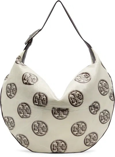 Tory Burch White & Brown T Monogram Balloon Bag