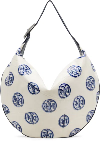 Tory Burch White & Navy T Monogram Balloon Bag