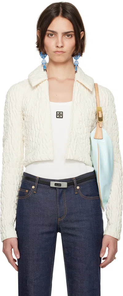 Tory Burch White Cropped Wool Silk Jacket In Marshmallow