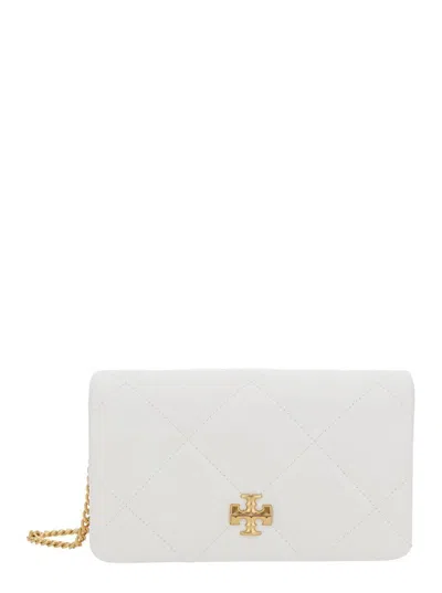 Tory Burch White Diamond-quilted Crossbody Bag With Double T Detail On The Front In Leather Woman