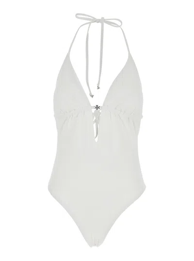Tory Burch White One-piece Swimsuit With Knot Closure And Plaque Logo On The Front In Tech Fabric Woman