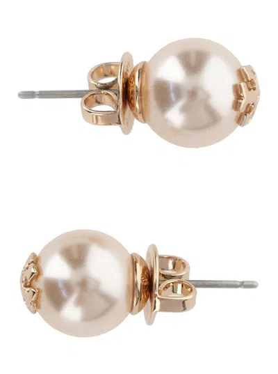 Tory Burch White Pearl Earrings In Brass And Glass Woman In Grey