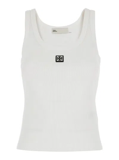 Tory Burch White Sleeveless Top With Round Neck And Logo Embroidery On The Front In Cotton Woman In Snow White