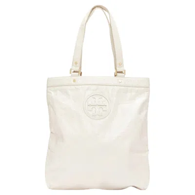 Pre-owned Tory Burch White Textured Leather Logo Patch Gold Hardware A4 Tote Bag