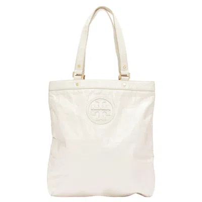 Pre-owned Tory Burch White Textured Leather Logo Patch Gold Hardware A4 Tote Bag