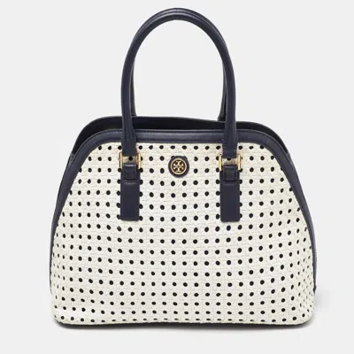 Pre-owned Tory Burch White/blue Woven Leather Robinson Dome Satchel