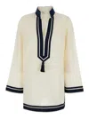 Tory Burch Whitetunic With Contrasting Details And Tassel In Cotton Woman