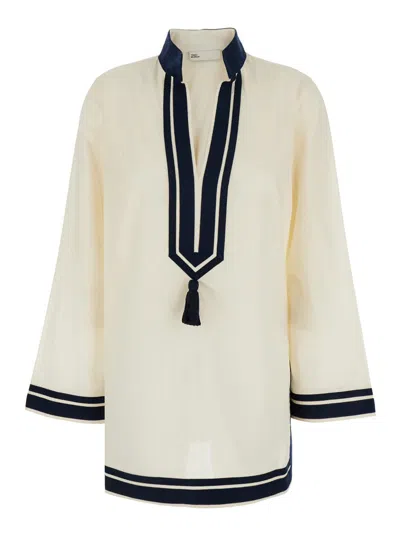 TORY BURCH WHITETUNIC WITH CONTRASTING DETAILS AND TASSEL