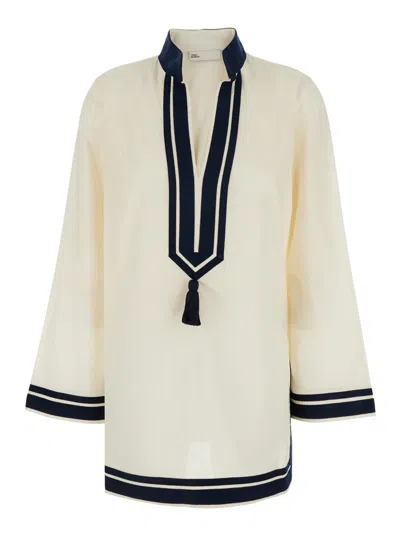 Tory Burch Whitetunic With Contrasting Details And Tassel In Cotton Woman In French Cream/black