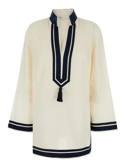 Tory Burch Whitetunic With Contrasting Details And Tassel In Cotton Woman In French Cream/black